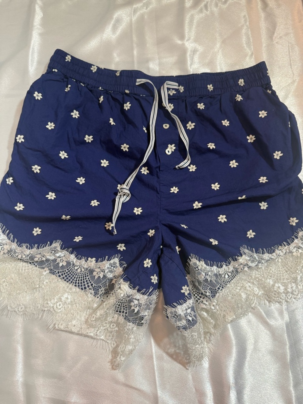 Anthropologie Navy Blue Floral Lace-Trim High-Waist Shorts